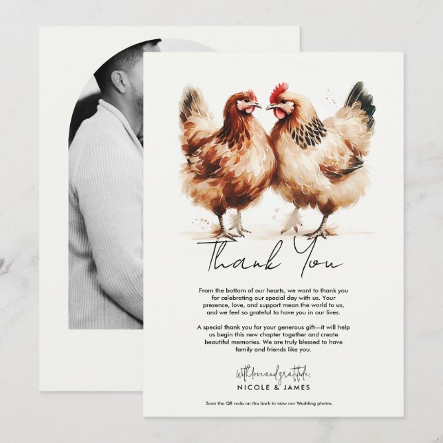 Braun Chickens Watercolor Wedding Danke Einladung (Vorne/Hinten)