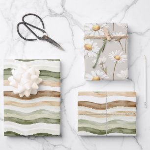 Braun Creme Grün Streifen Gänseblümchen Geburtstag Geschenkpapier Set