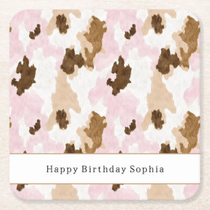 Braun Creme Weiß Rosa Kuhdruck Geburtstag Rechteckiger Pappuntersetzer