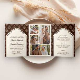 Braun cremefarbener Ikat-Foto-Collage Indische Hoc Dreifach Gefaltete Einladung