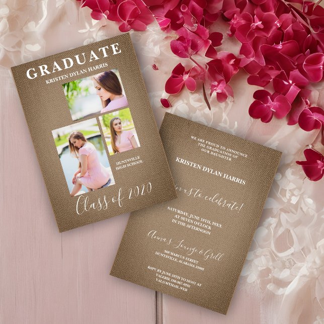 Braun drei Foto Collage Abschluss Textil (Brown Modern Three Photos Collage Graduation Linen Effect Fabric Invitation Card.)