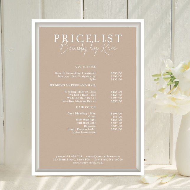 Braun, elegant, Salon-Preisliste Poster (Personalized, Brown, Elegant, Salon Price List Poster)