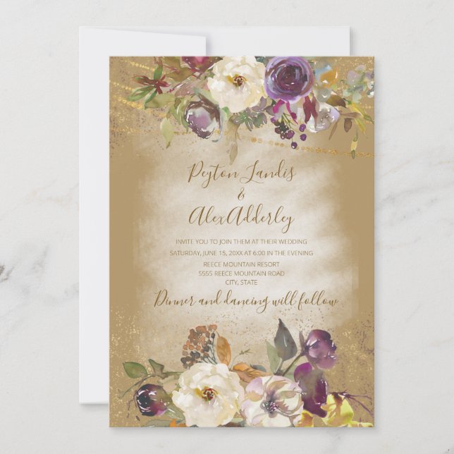 Braun-Elfenbein-Hochzeit Lila Glitzer Einladung (Vorderseite)