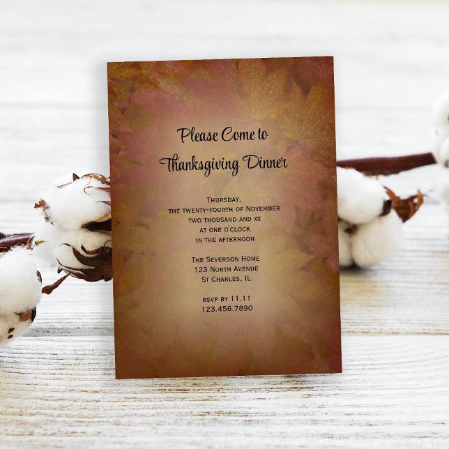 Braun farbige Blätter Erntedank Dinner Einladung (Invite friends to gather and give thanks with this woodsy Thanksgiving dinner invitation.)