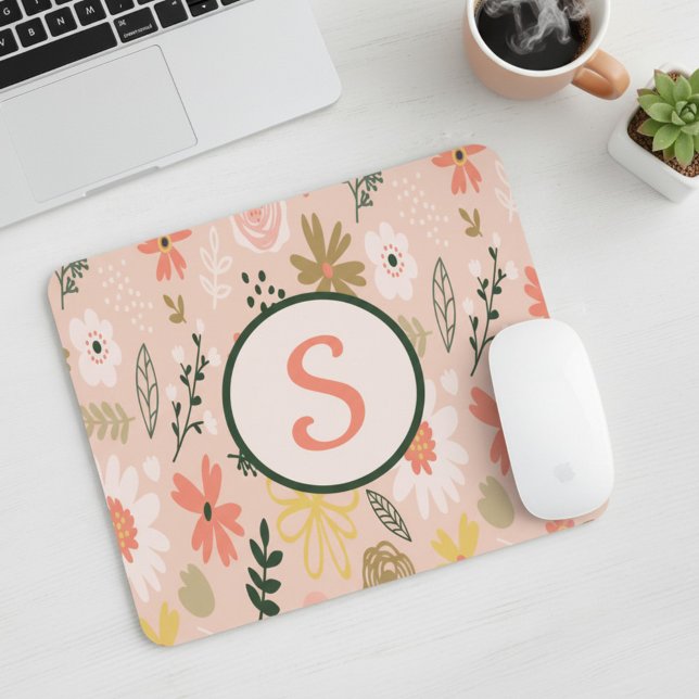 Braun-Floral-Monogramm-Quadrat-Maus-Pad Mousepad (Von Creator hochgeladen)