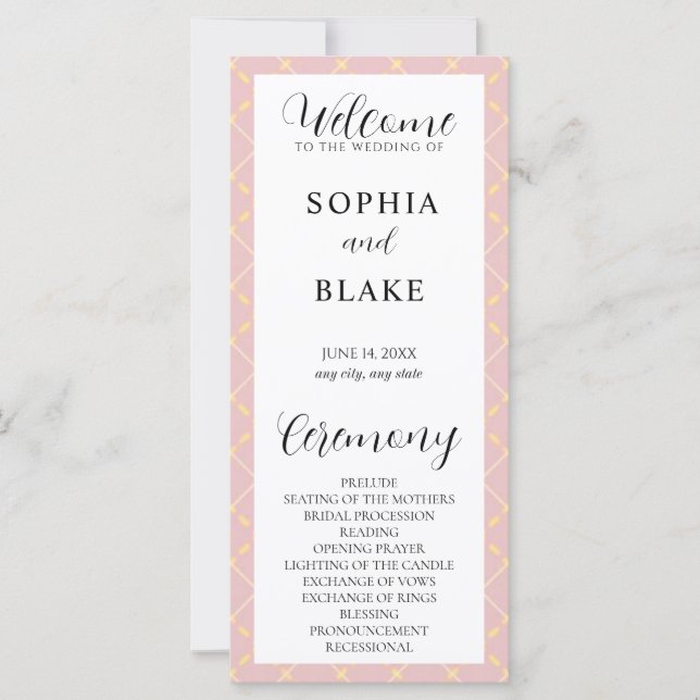 Braun, Gelb und Weiß Kariert Hochzeitsprogramm (Vorderseite)