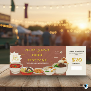 Braun - Gelbes Neujahrs-Food-Festival-Ticket Einladung