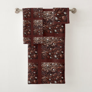 Braun geprägtes Kunstleder und Diamant Badhandtuch Set