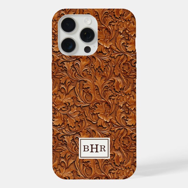 Braun geprägtes Leder mit Monogramm iPhone 15 Pro Max Hülle (Rückseite)
