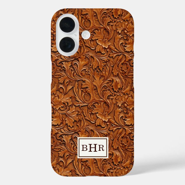 Braun geprägtes Leder mit Monogramm iPhone 16 Hülle (Rückseite)