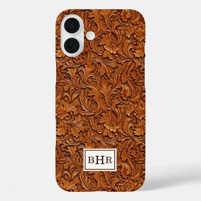 Braun geprägtes Leder mit Monogramm iPhone 16 Plus Hülle (Rückseite)