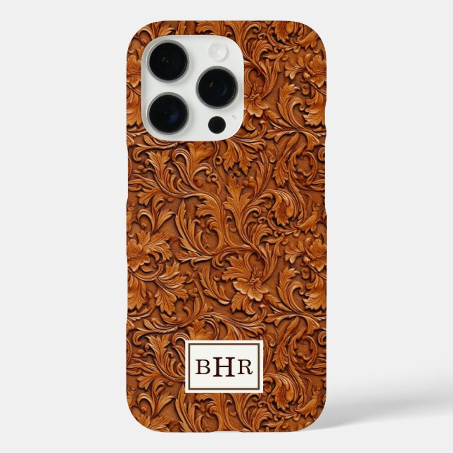 Braun geprägtes Leder mit Monogramm iPhone 16 Pro Hülle (Rückseite)