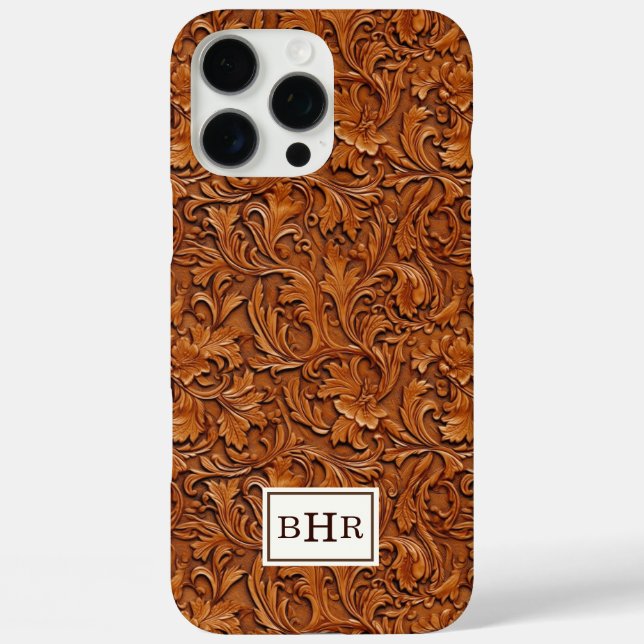 Braun geprägtes Leder mit Monogramm iPhone 16 Pro Max Hülle (Rückseite)