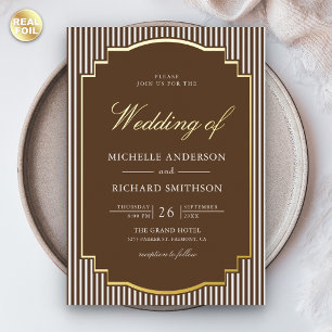 Braun gestreifte Foto-Hochzeit Gold Folieneinladung