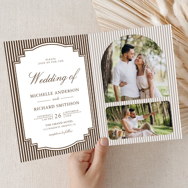 Braun gestreifte Hochzeit mit QR-Code-Foto Einladung (Von Creator hochgeladen)