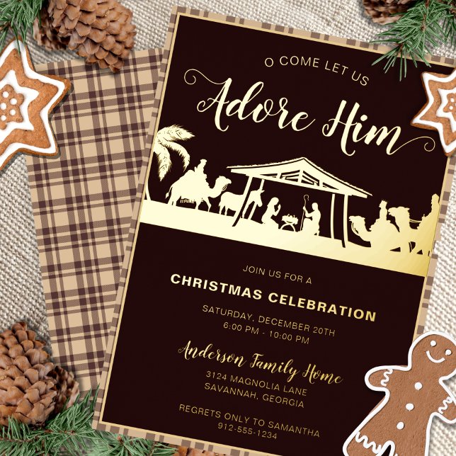 Braun & Gold Krippe Religiöses Weihnachtsfest Part Folieneinladung (Real gold foil, religious Christmas party invitation with a rustic calligraphy script and nativity.)