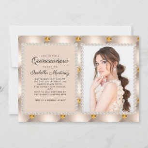 Braun Gold Satin Perlen Juwelen Foto Quinceañera Einladung