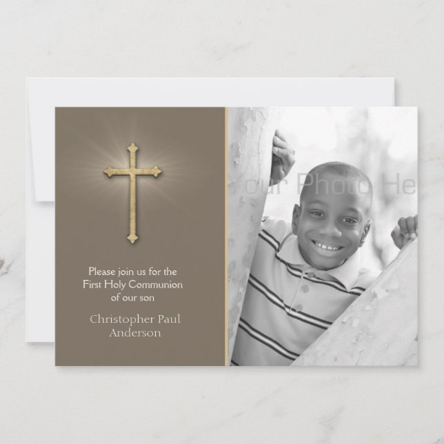 Braun, Goldkreuz, religiöses Foto Einladung (Vorderseite)