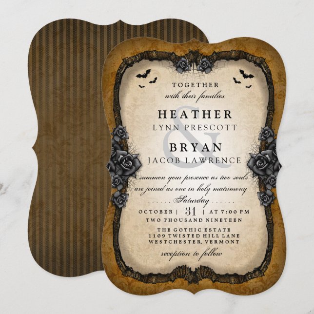 Braun-gotische Rose & Fledermäuse - Einladung zur  (Vorne/Hinten)