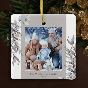 Braun & Grau Winterlaub Foto Weihnachten Keramikornament