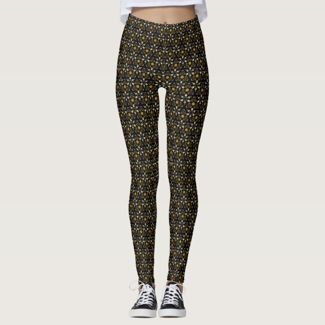 Braun, grün, cremeverstreute Blumenmuster Leggings (Vorderseite)