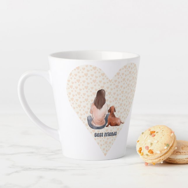 Braun Haar Mädchen sitzend mit ihrem Dackel Hund Milchtasse (Beispiel)