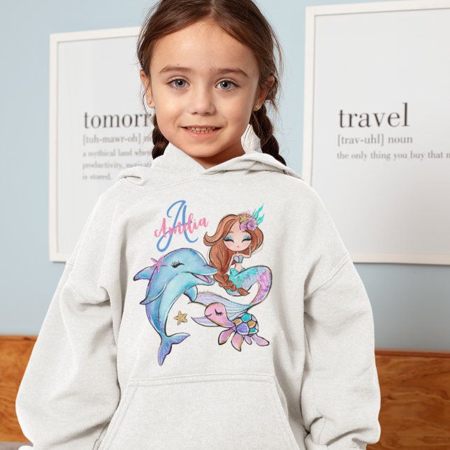 Braun Haar Mermaid Custom Kids Name Pink Girl Hoodie (Brown Hair Mermaid Custom Kids Name Pink Girl Hoodie
)