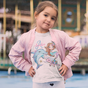 Braun Haar Mermaid Custom Kids Name Pink Girls T-Shirt