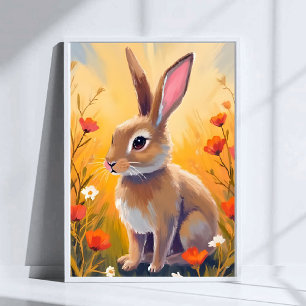 Braun Hase Florales Feld Tier Malerei Kunst Poster