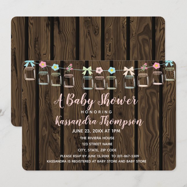 Braun Holz Rustic Mason Jar Baby Dusche Einladung (Vorne/Hinten)