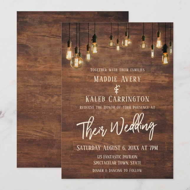 Braun-Holzwall Edison Lights Typografie Hochzeit Einladung (Vorne/Hinten)
