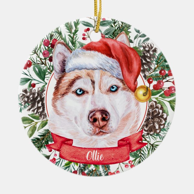Braun Husky Dog Custom Weihnachtsfeier Keramik Ornament (Vorne)