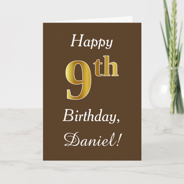Braun, Imitate Gold 9. Geburtstag + Individuelle N Karte (Vorderseite)