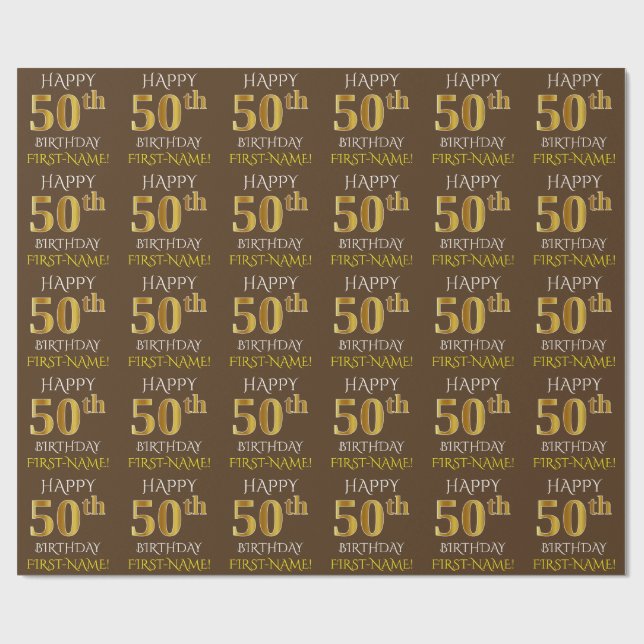Braun, Imitate Gold "GLÜCKLICH 50. GEBURTSTAG" Geschenkpapier (Flach)