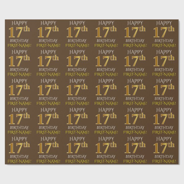 Braun, Imitate Gold "HAPPY 17. GEBURTSTAG" Geschenkpapier (Flach)
