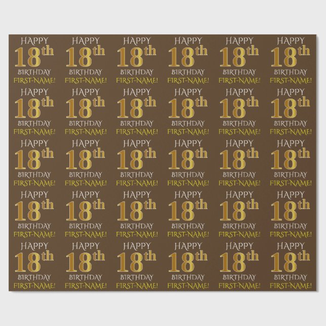 Braun, Imitate Gold "HAPPY 18. BIRTHDAY" Geschenkpapier (Flach)