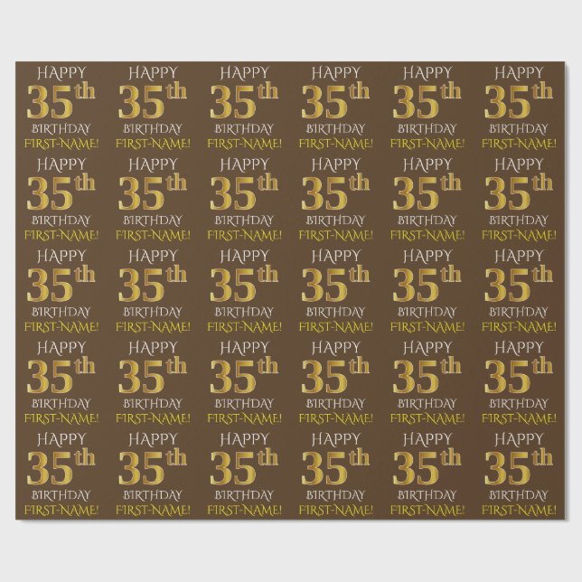 Braun, Imitate Gold "HAPPY 35. BIRTHDAY" Geschenkpapier (Flach)