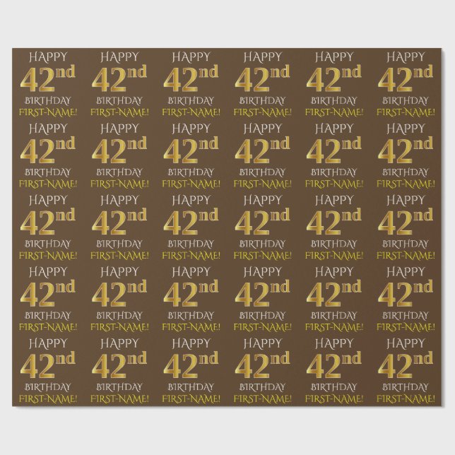 Braun, Imitate Gold "HAPPY 42 GEBURTSTAG" Geschenkpapier (Flach)