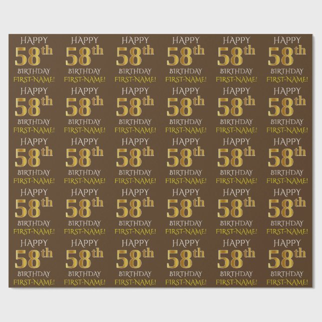 Braun, Imitate Gold "HAPPY 58. BIRTHDAY" Geschenkpapier (Flach)