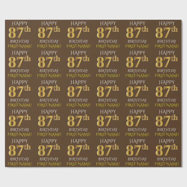 Braun, Imitate Gold "HAPPY 87. BIRTHDAY" Geschenkpapier (Flach)