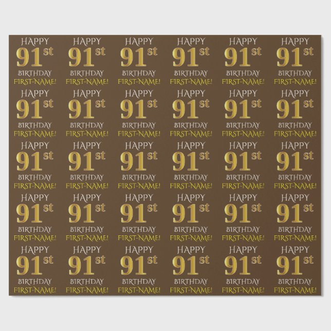 Braun, Imitate Gold "HAPPY 91. BIRTHDAY" Geschenkpapier (Flach)