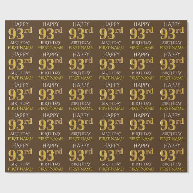 Braun, Imitate Gold "HAPPY 93. BIRTHDAY" Geschenkpapier (Flach)