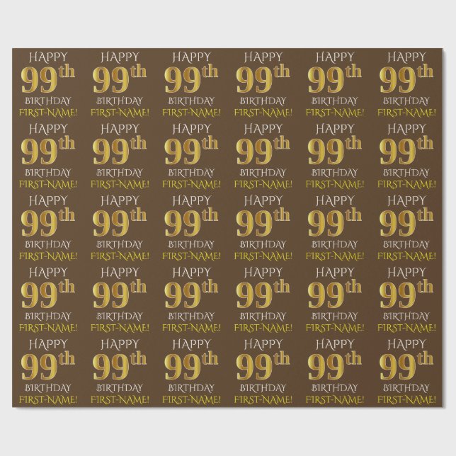 Braun, Imitate Gold "HAPPY 99. BIRTHDAY" Geschenkpapier (Flach)