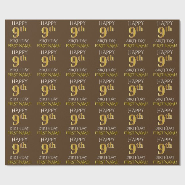 Braun, Imitate Gold "HAPPY 9th BIRTHDAY" Geschenkpapier (Flach)