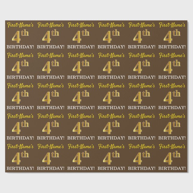 Braun, Imitation Gold Look "4. BIRTHDAY" Geschenkpapier (Flach)