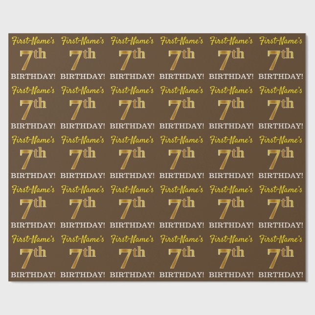 Braun, Imitation Gold Look "7. BIRTHDAY" Geschenkpapier (Flach)