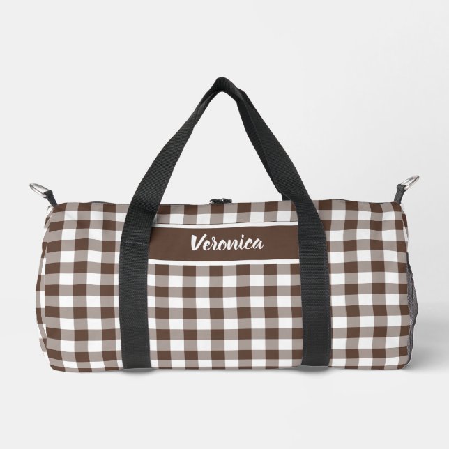 Braun kariert Gingham personalisiert Duffle Bag (Vorderseite)