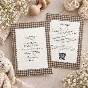 Braun kariertes Taupe-All-in-One-Retro-Baby-Shower Einladung