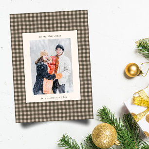 Braun kariertes Weihnachtsfoto mit Taupe-Familienb Feiertagskarte