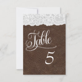 Braun-Leder- und Spitzen-Hochzeitskarte Tischnumme Einladung
